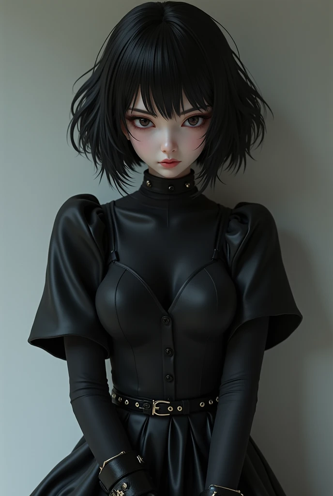 A female emo anime character black skirt black shirt short sleeves black tights black boots big black hair black eyes white skin posing for photo