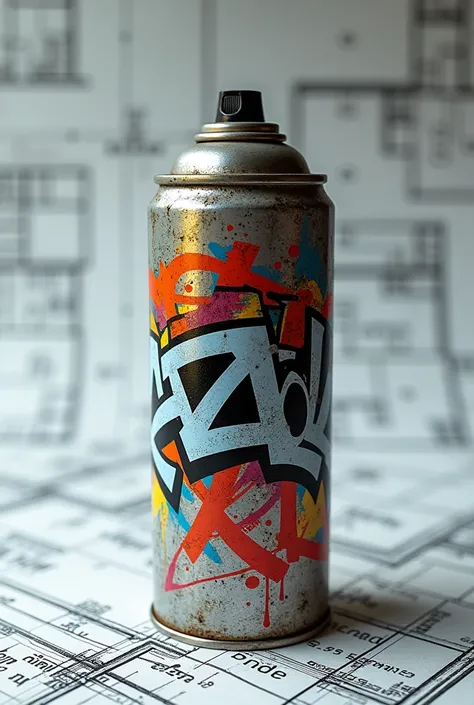 Graffiti can with architectural plans that is a logo 

