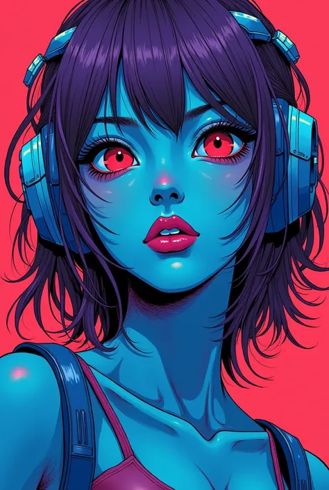 ((best quality)), ((masterpiece)), (detailed), perfect face of cyberpunk mecha japanese girl, neon red eyes, neon blue body, neon purple hair, ((monochromatic neon red, blue, and purple color palette)), surreal, art nouveau, in the illustrative style of mo...