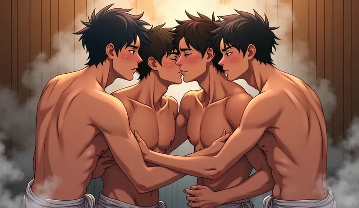 I want four male teenagers they are in a sauna completely wearing towels they are kissing and rubbing each other the sauna is very hot and they are sweating I want the image to be in anime and for all the characters to be male