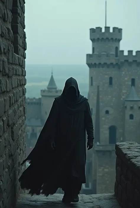 a killer seeking revenge, wearing a black hooded cloak, same as franchise "assassins Creed", leaving the tower of a castle, after having killed his victim.