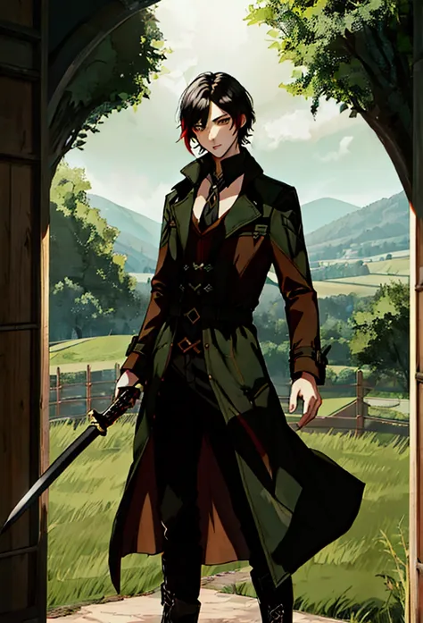 (masterpiece), 3 man, green eyes, black hair, green lock of hair,  trench coat with white and red color, Black pants, brown boots, sword in hand, in the countryside