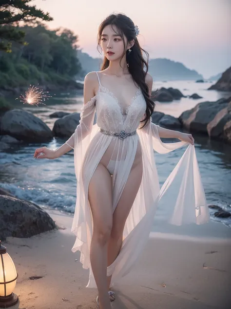 Romantic Rose White Dress 2, Deep in Wonderland，The moonlight falls like water，foggy room，The figure of the heroine is vaguely visible，Just like the fairy in the painting，Slender sexy legs，Very beautiful legs，Show sexy，Large Breasts，Beautiful with a hint o...