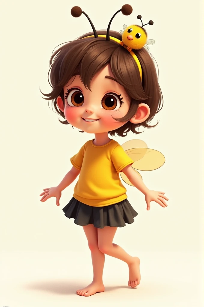 Create a pixar image of a baby with short hair and a bee headband wearing a yellow blouse and a black skirt with her arms forward and her legs crossed, barefoot with open brown eyes with a smile on her face with a bee wing behind her back