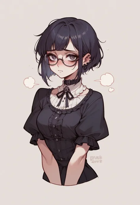 a gothic girl, shy, innocent look, glasses