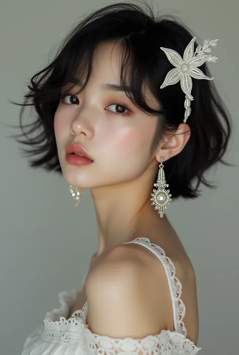 Highest quality, Ultra-high resolution, (Realistic:1.4), 1 person, (Urzan-6500:1.0), K-Pop Idols, Dark short hair, elaborate earrings, Intricate lace hair ornament, Completely naked, nude, M-shaped legs
