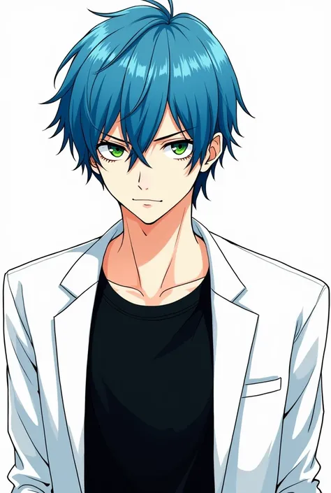 a man with blue hair, green eyes, and a serious expression, smiling, waist up, line art, medium hair, wearing a white blazer and black t-shirt, expressionless eyes, Tite Kubo style, best quality, masterpiece