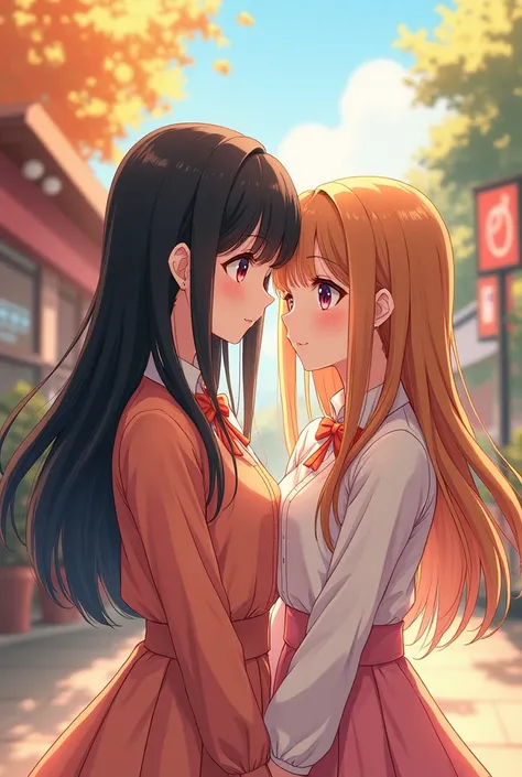  Korean anime version, from 2 friends, one with long straight black hair, and the other with long straight caramel hair (the one with caramel hair is shorter) with matching clothes 