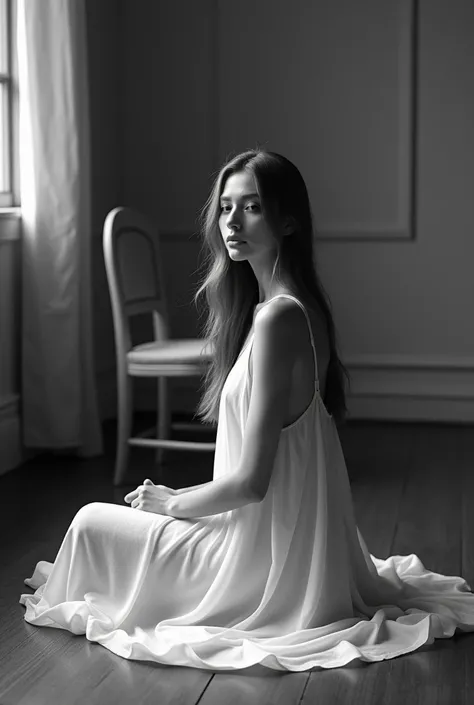 Barefoot, woman long straight hair, flowing white dress, sleeveless, minimal accessories, relaxed sitting posture, sitting next to old empty chair, indoors, wooden floor, shaded wall, soft lighting from left, gently cast shadows, calm and quiet atmosphere,...