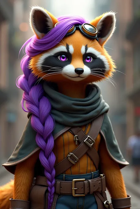 Female golden raccoon with tail, purple hair with long braid and purple eyes. Goggles around neck. Wears shawl. Has a lot of belts.