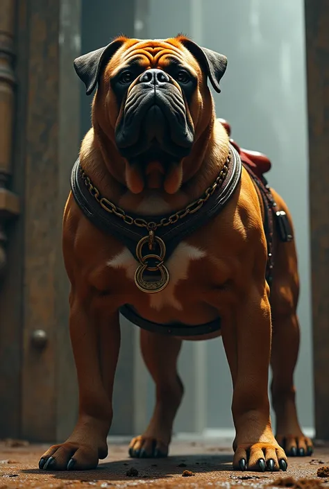 big, Muscular, Mastiff dog, With a saddle on my back, Surreal, Intricately detailed fur, Strong posture, Dramatic lighting, Structure of the film, Rich colors, Realistic, 8k, Highest quality, masterpiece