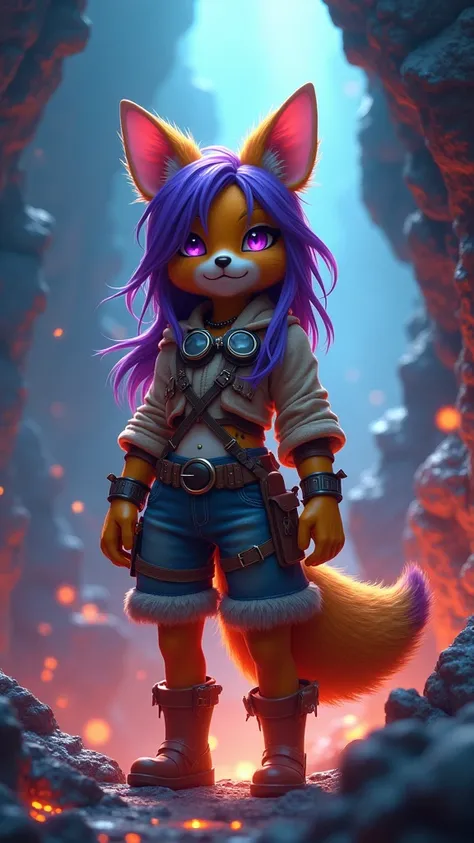 Anthropomorphic, Female furry with golden raccoon face and tail, purple hair and purple eyes. Goggles around neck. Wears shawl. Has a lot of belts. (XLabs F.1 Realism LoRA V1), (fondo piedras grandes cueva caverna cuarzo cristal), (partículas flotantes, ag...