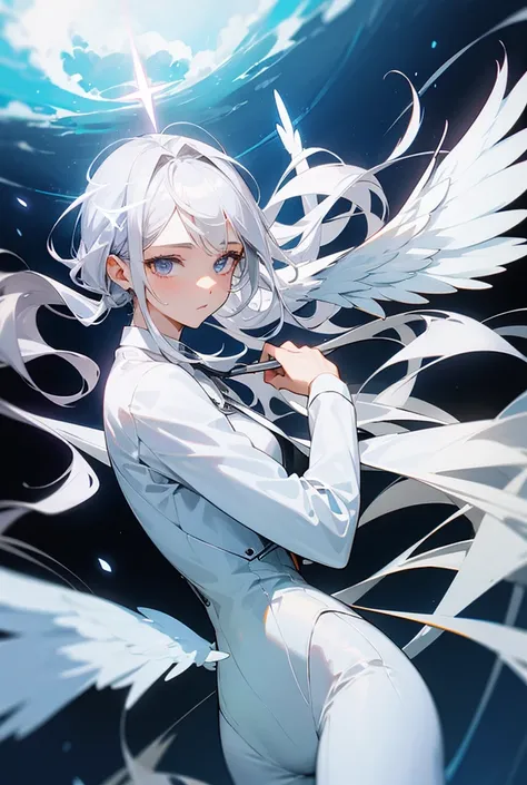 A silver-haired adult with a halo on top of her head, silver eyes, Angel wings, white shirt and white suit pants, cloud background