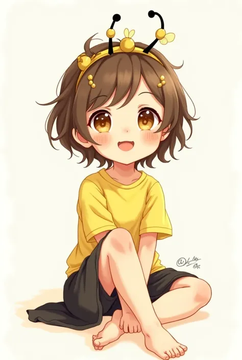 Create a baby drawing with short hair and a headband with bee antennas on her head with a yellow blouse and a black skirt with her arms in front of her body and her legs crossed in front, barefoot with her brown eyes open and a smile on her face, sitting d...