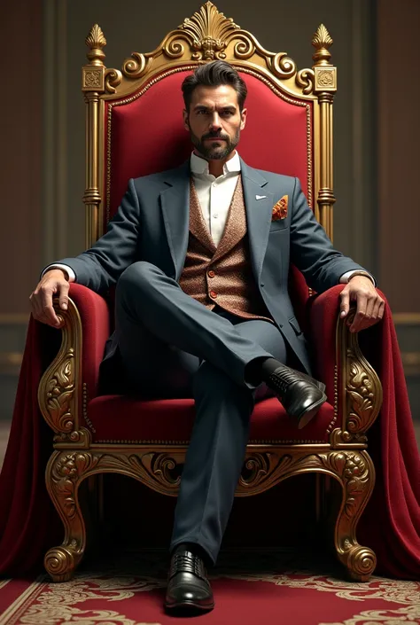 A man sits in a royal chair, crossing his legs to show his full body.