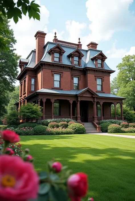 Victoria old brick house built in 1872, Second Empire Style, two story, big lawn in front of the old home, flower around the house, including peonies and roses . ultra relistic, like a picture