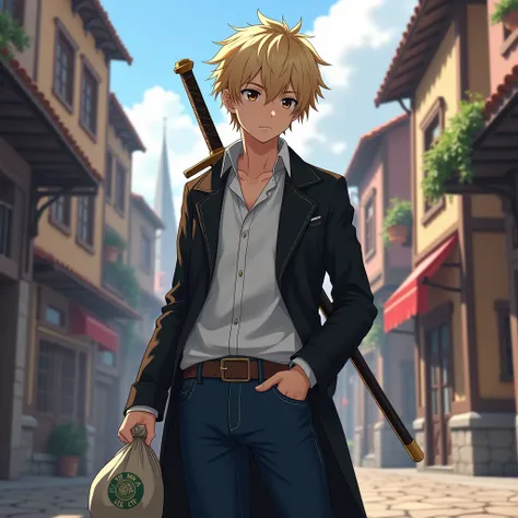 A young Adult anime boy, with short blonde hair, with dark brown eyes, He is wearing a black overcoat, with a white shirt underneath,Dark blue jeans, he has two swords on his back, in his right hand he is holding a bag of money and his left hand is in his ...