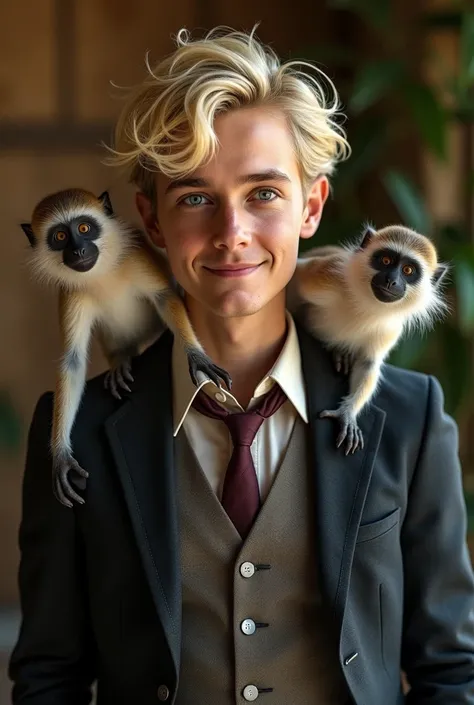 Make a picture of Tom Felton with a monkey next to him 