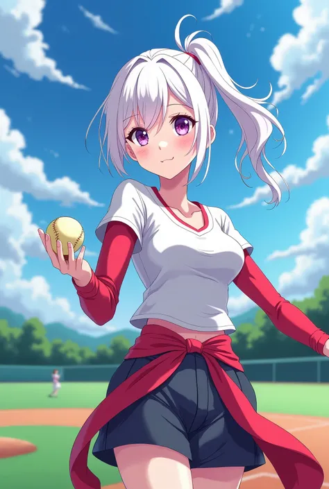 HD、Animation style、white hair 、Purple Eyes、girl、High school student 、single ponytail、Baseball player、Light color short sleeve top、Long sleeve red underwear、plump breasts、Good shape、Thin、sash、Sky、cloud、sunny、Baseball field