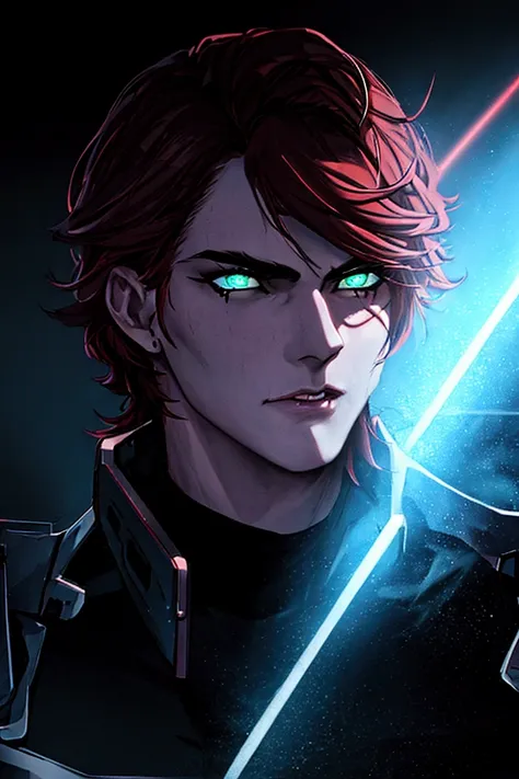 a young adult male with shaggy red hair and green eyes, wizard, modern wizard, cyberpunk wizard, detailed face, detailed eyes, b...