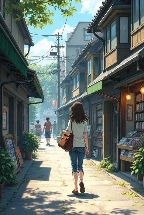 Takako walks through the streets of Jinbôchô, surrounded by small bookstores. She is carrying a shoulder bag, full of books. The scenery is calm, with people passing by and a light breeze lifting some leaves on the ground. Ao fundo, an old bookstore catche...