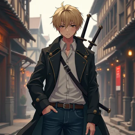 A young Adult anime boy, with short blonde hair, with dark brown eyes, He is wearing a black overcoat, with a white shirt underneath,Dark blue jeans, he has two swords on his back, in his left hand is in his pocket, he is in a medieval city