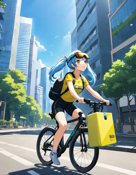 Light blue long hair、A beautiful twin-tailed Uber Eats delivery girl、Uber Eats backpack on his back、Focusing on delivery. Wearing yellow and black sporty cycling clothing with goggles, Holding an action camera while riding a green delivery bike. Urban back...