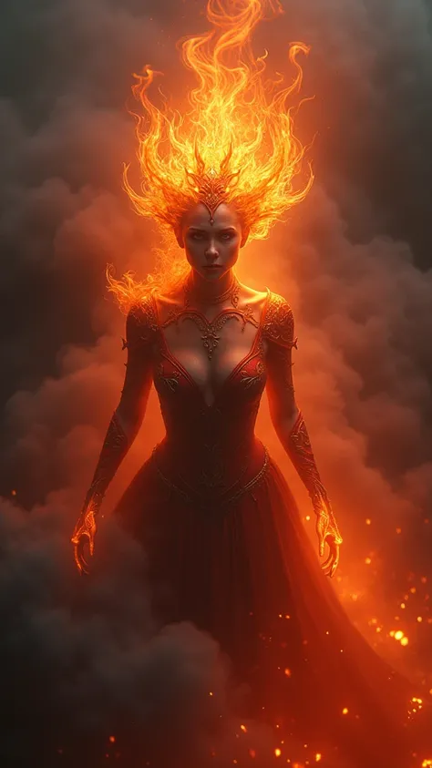 Pen and ink. Queen made of fire. (ultra-detailed, CG ,unity ,8k wallpaper),(masterpiece), (realistic), (photorealistic:1.2), (raw photo:1.2), (best quality:1.2), (detailed face :1.4), (beautiful detailed eyes :1.2), The character is surrounded by mist, evo...