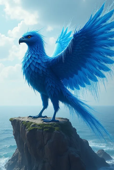 Huge blue bird with wings made of water and a majestic presence, in a setting of a small cliff facing the ocean 