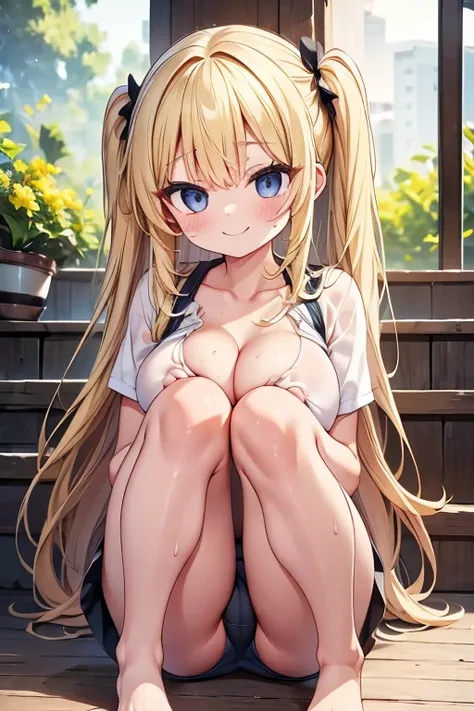 One person！！、smile、human、Long Hair、Blonde！、With bangs、、Big eyes、barefoot、black eye、cute、Short legs、Short sleeve、stand、Armpits are visible、Sweaty、Touching breasts、(Big Breasts)、In underwear、(Playing with breasts:1.1)、