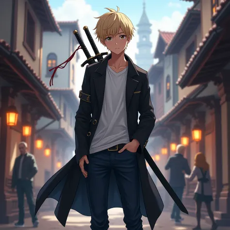 A young Adult anime boy, with short blonde hair, with dark brown eyes, He is wearing a black overcoat, with a white shirt underneath,Dark blue jeans, he has two swords on his back, in his left hand is in his pocket, he is in a medieval city