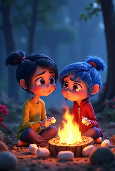 Disney Pixar&#39;s Inside Out 2 characters Joy and Sadness roasting marshmallows 