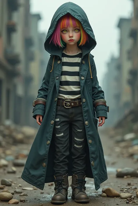 Girl, long black and white shirt, post-apocalyptic hooded armor, full body turned, short rainbow hair, rainbow eyes, cute pants, side vs. back view, losing mother, crying  and sad