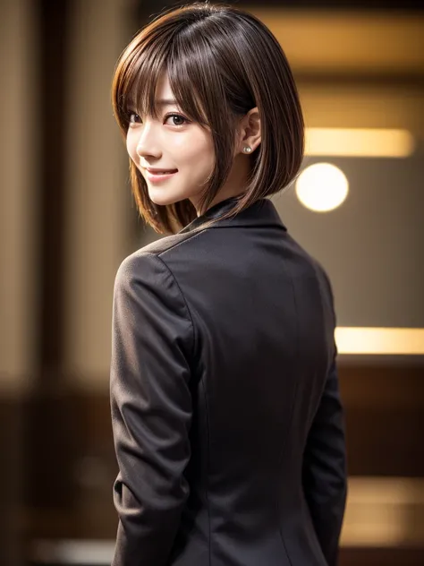 Tabletop, Highest quality, Realistic, Very detailed, finely, High resolution, 8k wallpaper, Cinema Lighting、1 person、Beautiful Japanese Woman、30 years old、light brown straight bob hair, Wear a business suit, (Blurred Background、indoor、noon、Light of the sun...