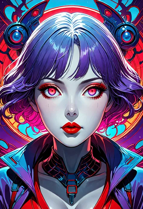 ((best quality)), ((masterpiece)), (detailed), perfect face of cyberpunk mecha japanese girl, neon red eyes, neon blue body, neon purple hair, ((monochromatic neon red, blue, and purple color palette)), surreal, art nouveau, in the illustrative style of mo...