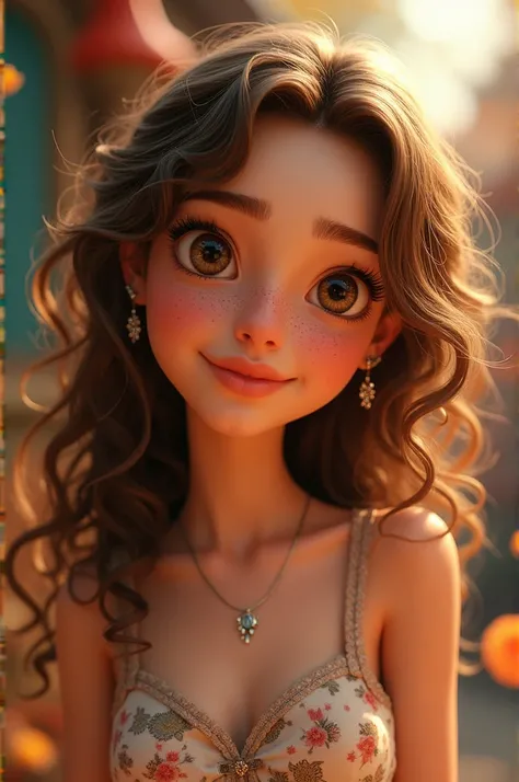 Generate image pixar disney beautiful woman with light brown curly hair with a little freckles on her face 