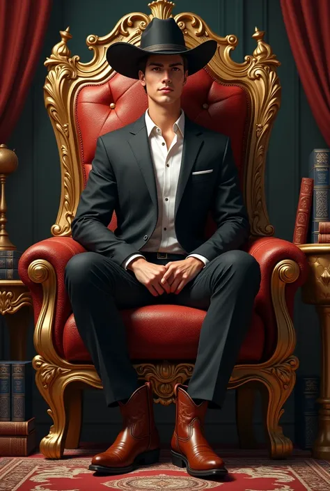 A PNG young man wearing black suites with white button shirt and cowboy boots and cap sitting on the throne and beside it all sorts of books on the Golden table.
Back of his throne, Robjlome The Statesman written on it with red and blue font colors.