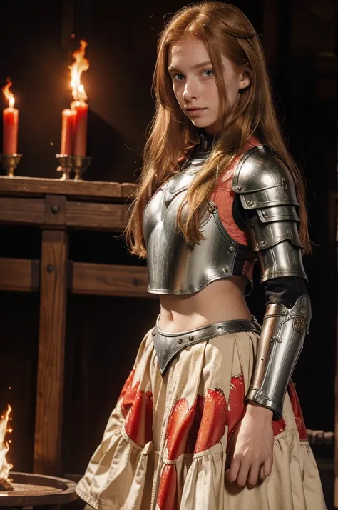 1 girl, long strawberry blonde hair, hazel eyes, knight with armour, primarily wears red and white, wearing a skirt, uses a flame sword