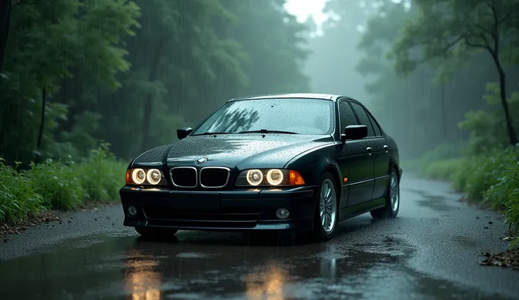 Make a realistic and beautiful rain landscape and debris with a BMW E39, the image must be horizontal