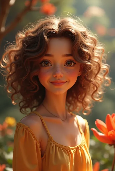 Generate image pixar disney beautiful woman with light brown curly hair with a little freckles on her face 