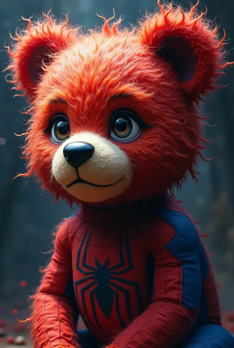 Teddy bear with Spiderman aesthetics ,beautiful detailed eyes, beautiful detailed lips, extremely detailed eyes and face, long eyelashes, messy colorful hair, dramatic lighting, intense colours, thick, Textured brush strokes, moody atmosphere, vibrant pale...