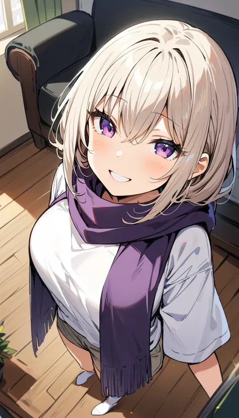 ((Best Quality)), ((masterpiece)), (detailed), 1 girl, long white hair, purple eyes, big ones, muslos big ones, black oversized open sweater, Large white t-shirt, tight grey shorts, white high socks, long purple scarf, in a living room, smiling expression,...