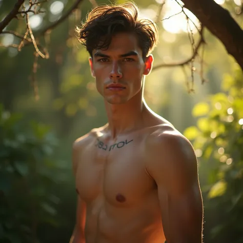 extremely realistic, masterpiece, best quality, RAW photo, fashion shot, stunning photo, ((mixed of Latino male model)), teenage man supermodel, slender and lean body, (Gorgeous young face), stands confidently under the tree , wear only a sheer tight thick...