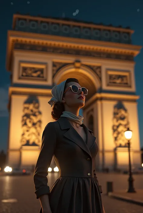 ６０Beautiful woman standing at the Arc de Triomphe in Paris at night with a retro atmosphere of the 1950s、６０In period costume、With a scarf on my head、Wearing sunglasses and looking up into the sky。