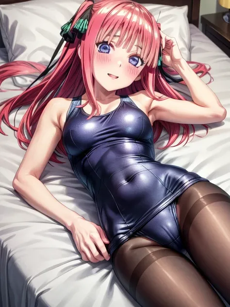 best quality, insanely detailed, blush, looking at viewer, cheerful eyes, arousal, one-piece swimsuit, pantyhose, lying down on the bed, nino nakano