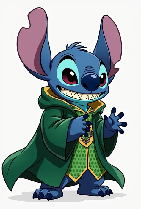 Make stitch from disney as a harry potter slythern. No background so it can go on a sweater and make him look mischievous like he is up to no good