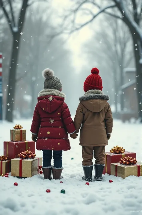 Two children, one poor and one rich, under the snow, each one turning their backs on each other, the rich around gifts and the poor around the family 
