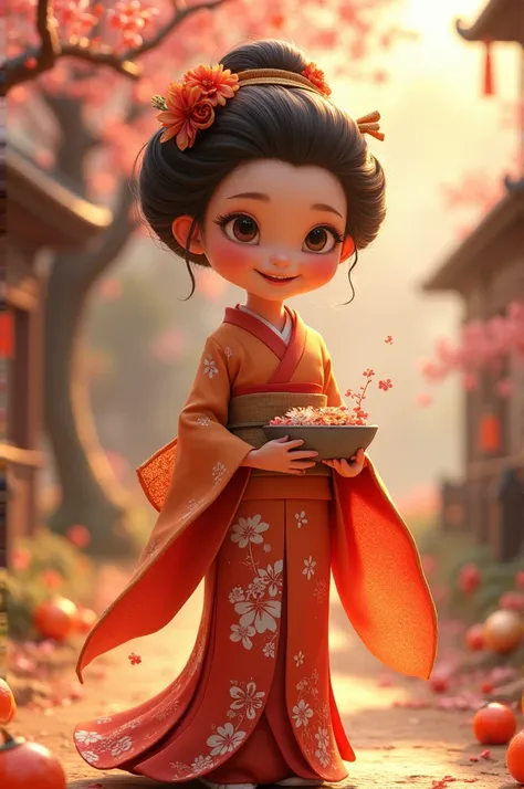 Japanese  brownish contour wearing kimono, Pixar style , Disney Style 3r figure