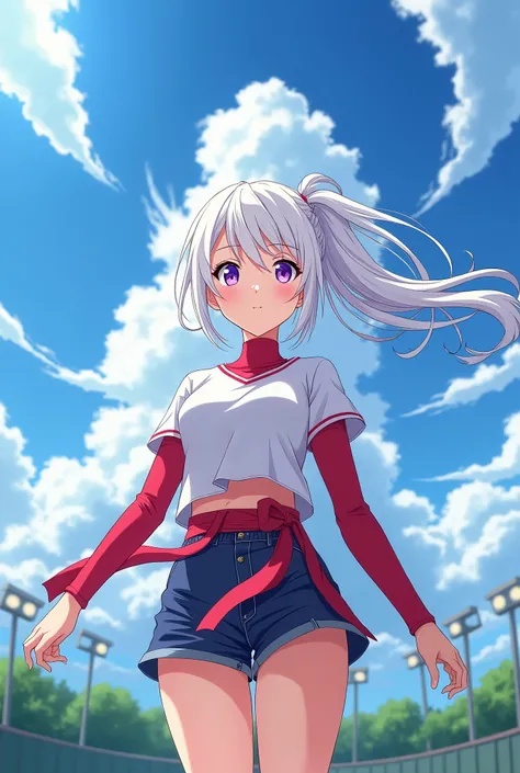 HD、Animation style、white hair 、Purple Eyes、girl、High school student 、single ponytail、Baseball player、Light color short sleeve top、Long sleeve red underwear、plump breasts、Good shape、Thin、sash、Sky、cloud、sunny、Baseball field