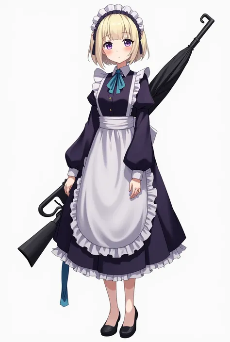 (Anime woman oc ) Maid dress colot Dark purple with light blue and black,slim build ,without much chest and small in height, Short pale yellowish straight hair,Blue lined eyes with purple gradient,A black umbrella-shaped rifle,Flat body without hips,Feet w...